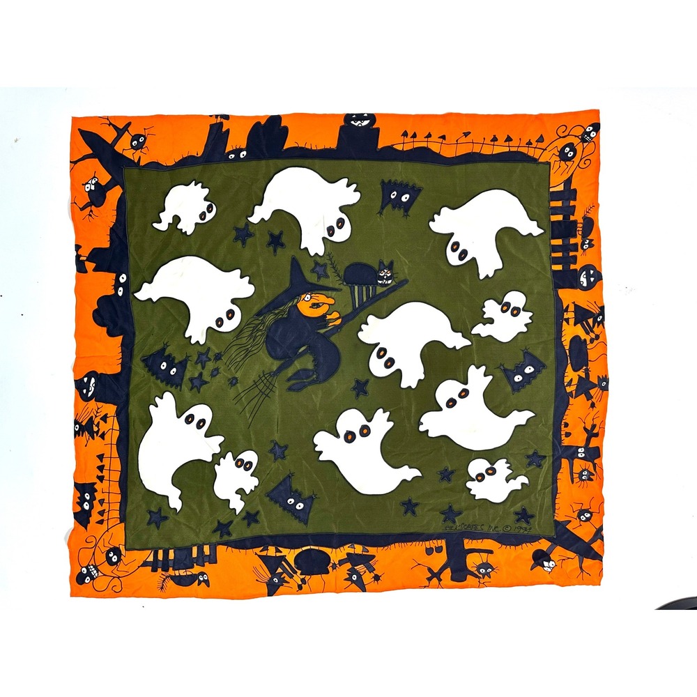 Vintage 90s Silkscapes Handpainted Silk Halloween Scarf Witch Ghost Orange Green